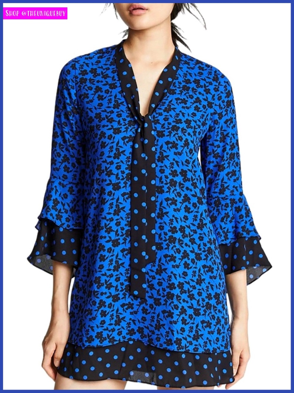 Alice + Olivia Wellesly Mixed Print Tie Neck Blue Black Mini Dress